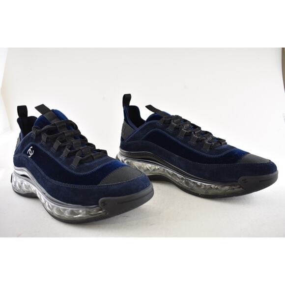 Chanel 20A Mens Blue Velvet Black CC Logo Lace Up Low Top Trainer Sneaker 44 11 - Picture 3 of 13